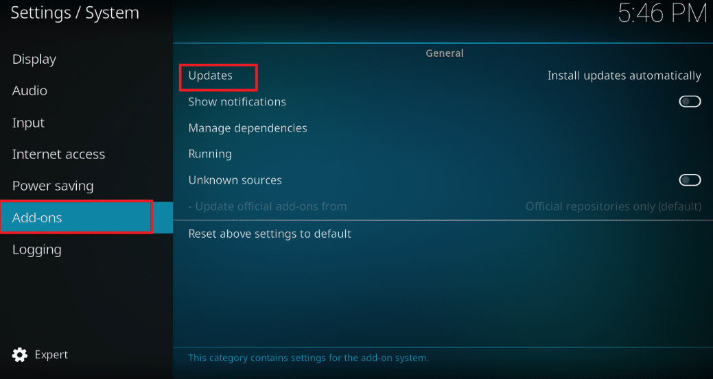 click on the Updates setting on the window. Fix Kodi Ares Wizard Not Working