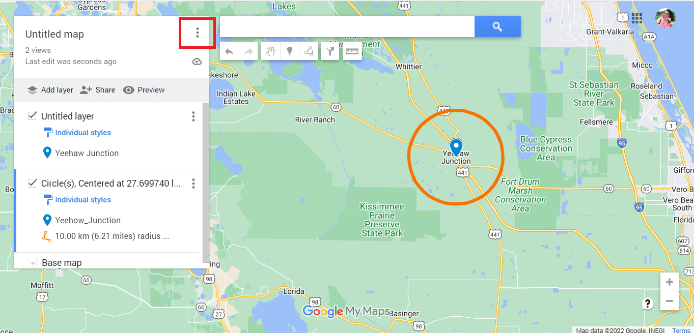 Click on the vertically aligned three dots. How to Draw Radius on Google Maps App