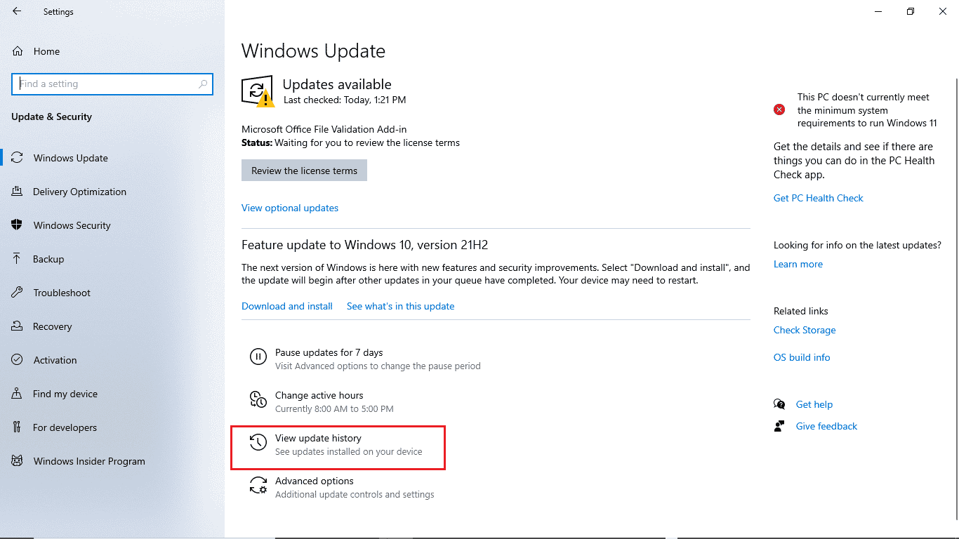 click on the view update history. Fix Windows 10 Update Error 0xc1900204