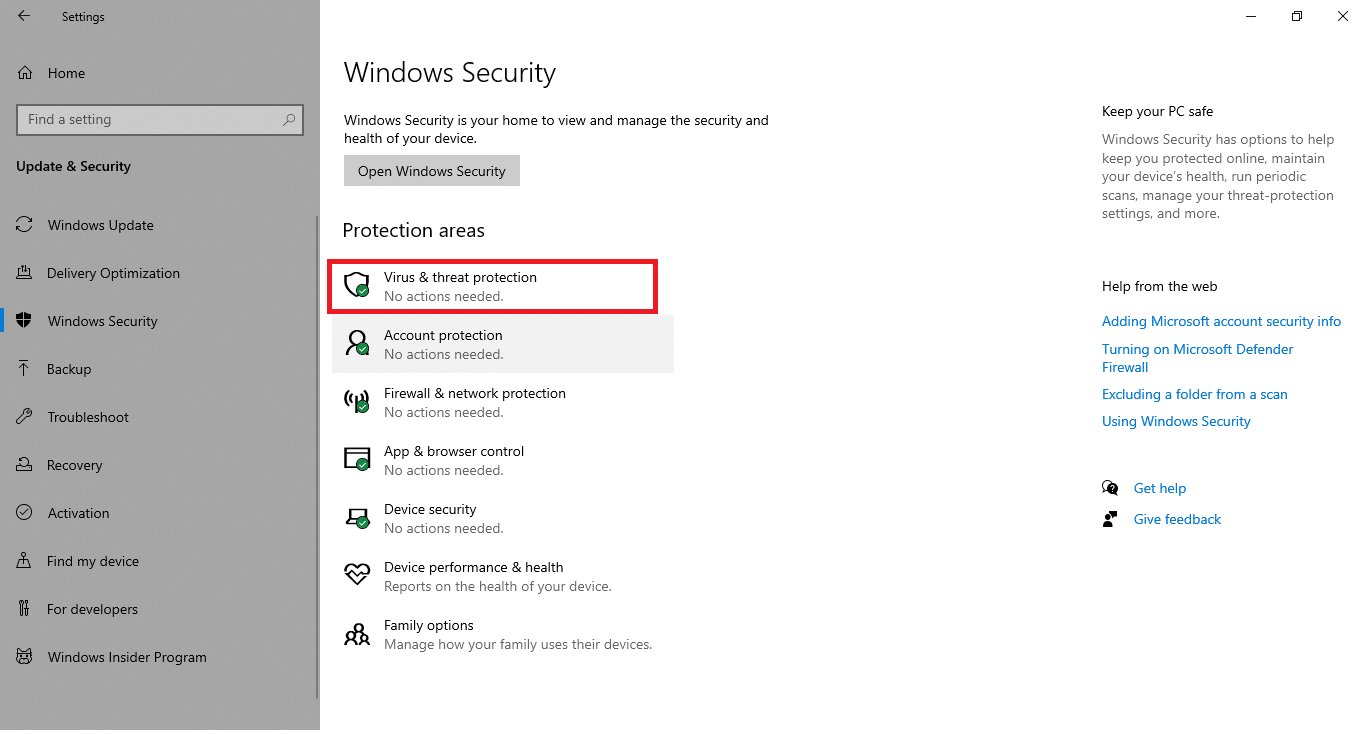 Click on the Virus and threat protection option. Fix Event 1000 Application Error in Windows 10
