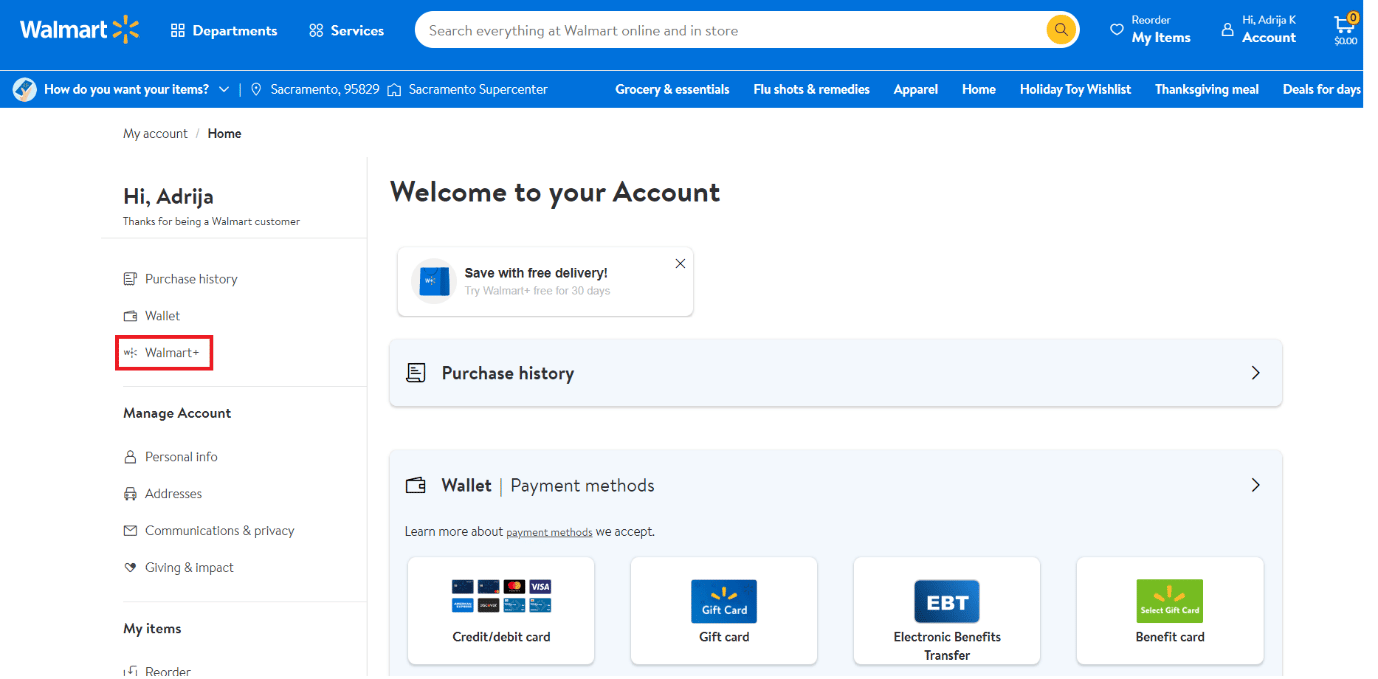 click on the Walmart+ option | How to Cancel Walmart Plus Subscription