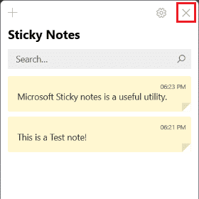 click on the x icon to close Sticky Note Hub
