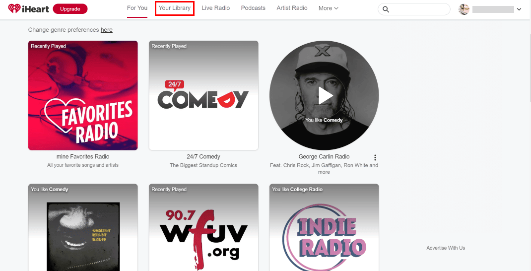 Click on the Your Library option. | How to Delete iHeartRadio Account