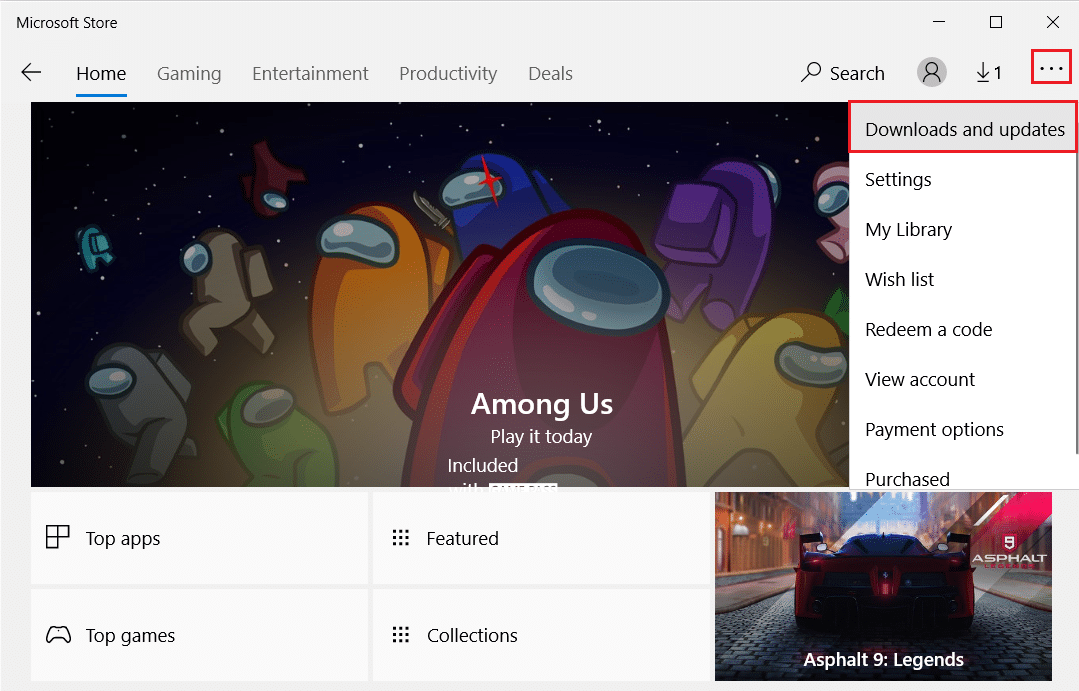 click on three dots icon and select Download and Updates option in Microsoft Store