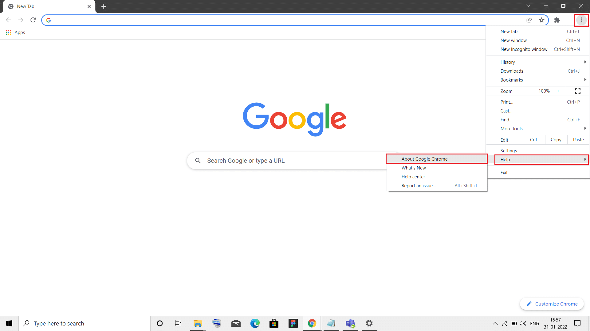 click on three dots icon, hover to Help and select About Google Chrome