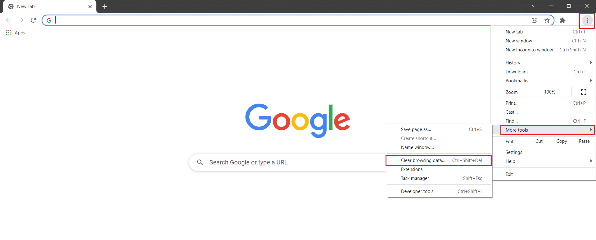 Klicken Sie auf das Symbol mit den drei Punkten, bewegen Sie den Mauszeiger auf weitere Tools und wählen Sie „Browserdaten löschen“ in Google Chrome