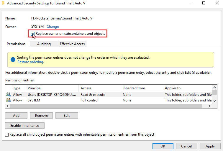 click on tick box near replace owner on subcontainer and objects