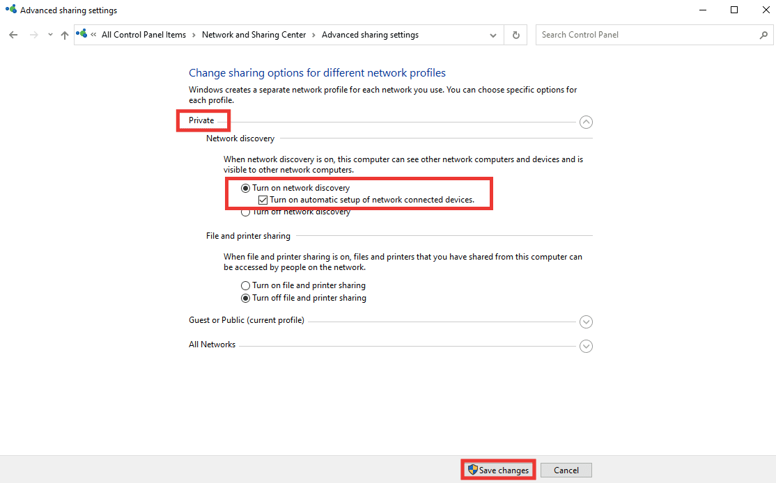click on Turn on Network Discovery and click on the checkbox of turn on automatic setup of network connected devices option. Fix System Error Code 1231 in Windows 10