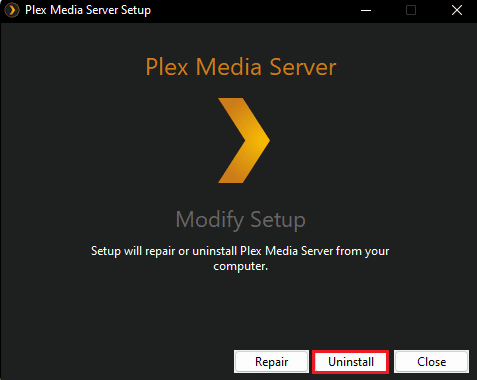 click on uninstall button. Fix App Plex TV is Unable to Connect to Securely
