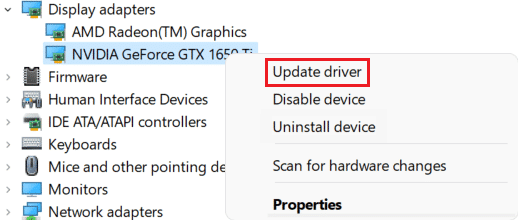 click on update driver in display adapter device driver Windows 11