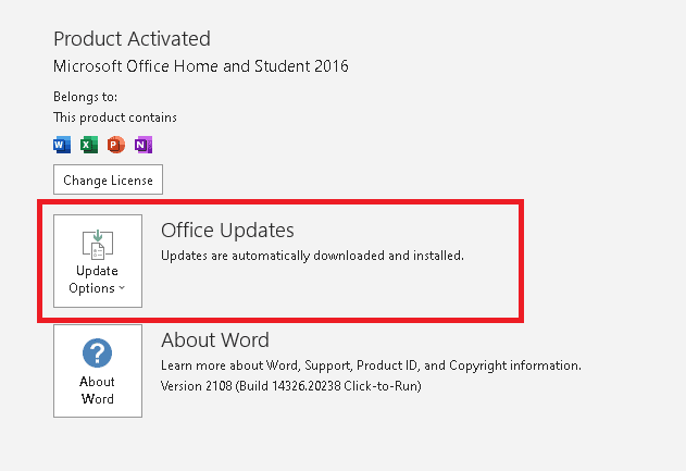 klikk på Oppdateringsalternativer ved siden av Office Updates
