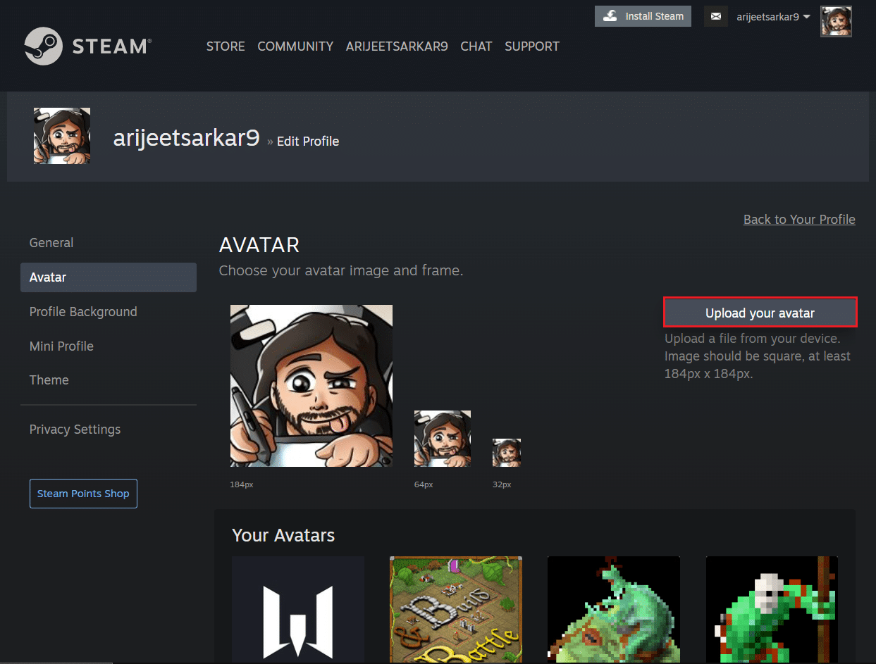 click on upload your avatar in Steam Avatar page on browser