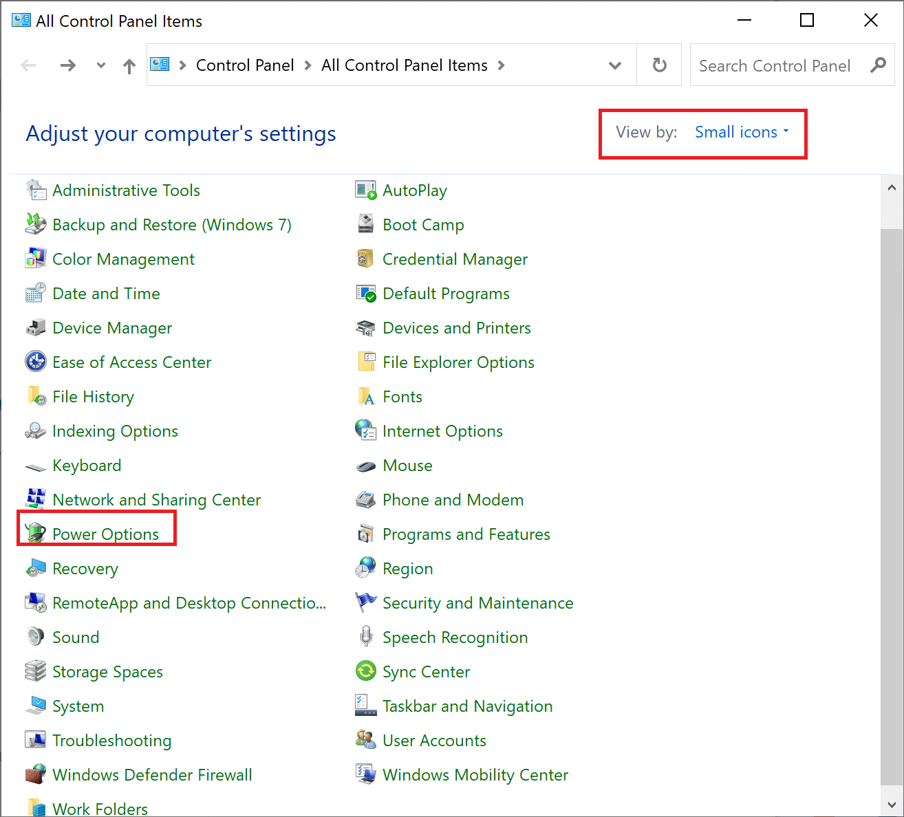 Click on View by and select Small icons. Then go to Power Options | how to reduce CPU usage Windows 10 