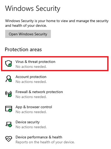 click on Virus and threat protection option under Protection areas. 