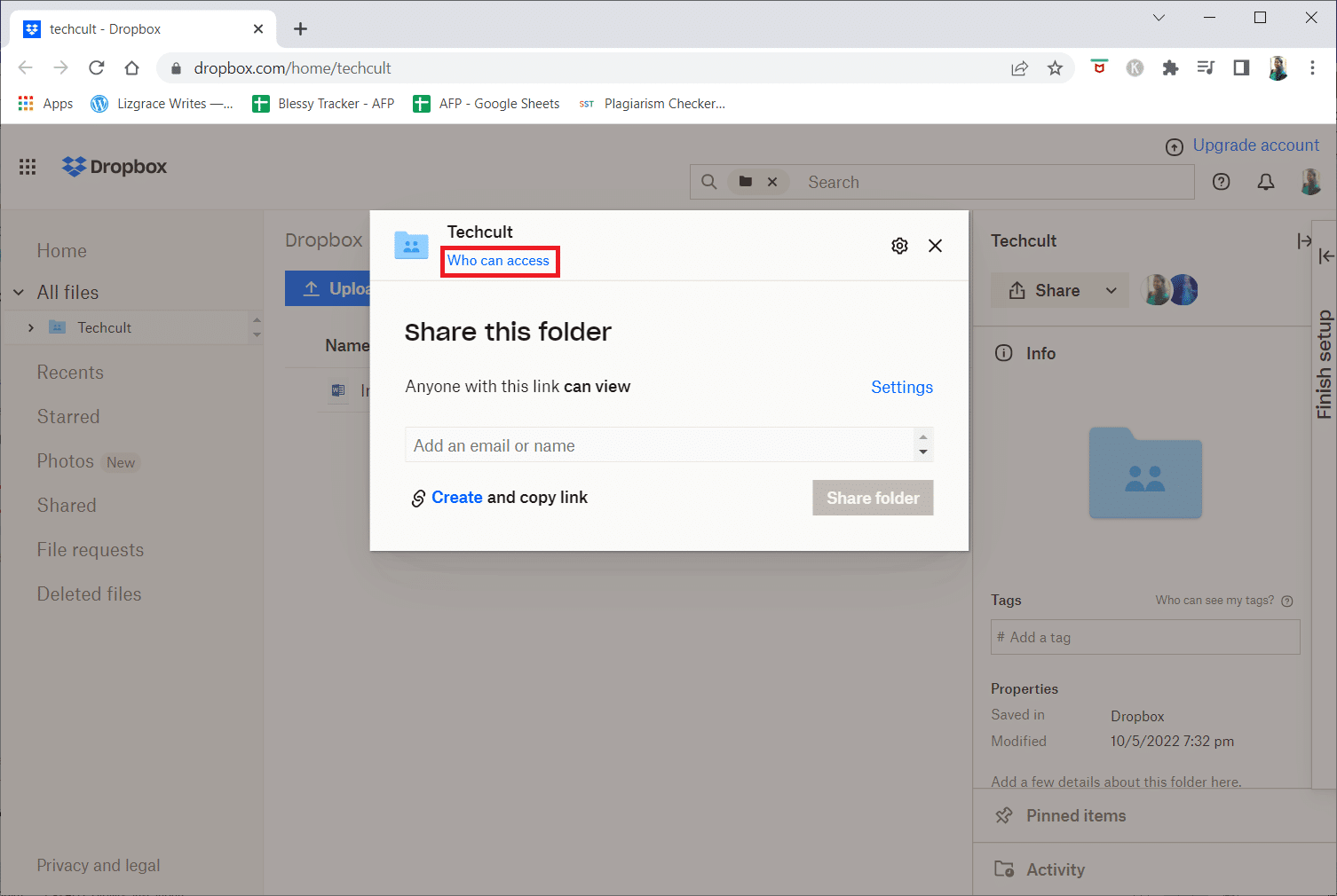 Click on Who can access from the top, under the folder name