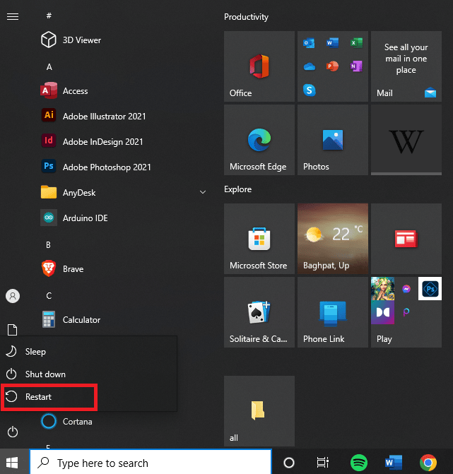 Нажмите на значок Windows, нажмите кнопку питания, нажмите «Перезагрузить» | исправить системные прерывания 100 процессора Windows 10