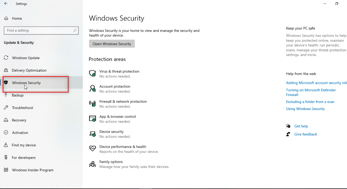 click on Windows Security option 