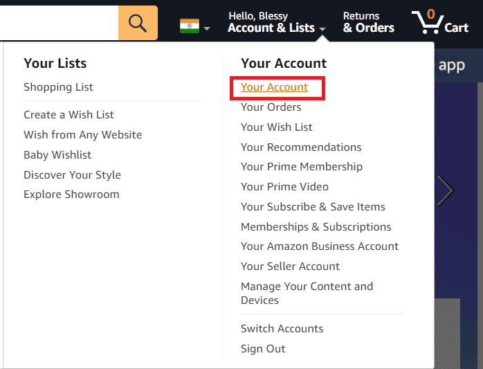 Click on Your Account | reset Amazon account