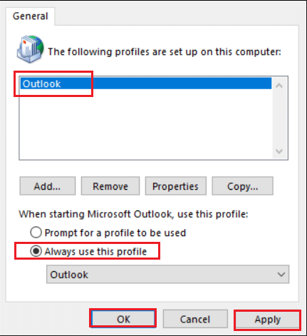 click on your new account and select always use this profile option. Fix Outlook Stuck at Loading Profile on Windows 10