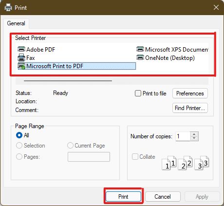 Click on the printer you want to print with under the Select Printer section. Then, click on Print.