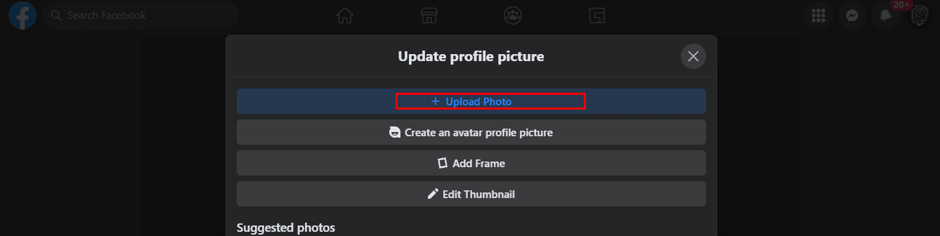 Cliquez sur votre photo de profil, puis sélectionnez la première option Télécharger une photo dans le menu déroulant | Le commentaire Facebook a un point d'exclamation rouge