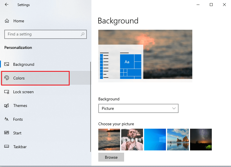 click open the 'Colors' section from the left panel on the screen. | Fix black desktop background in Windows 10