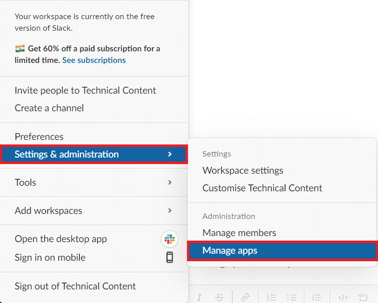 Click Settings and administration. Then, click Manage apps in the sub menu. 