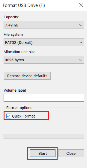 Click Start to format the drive