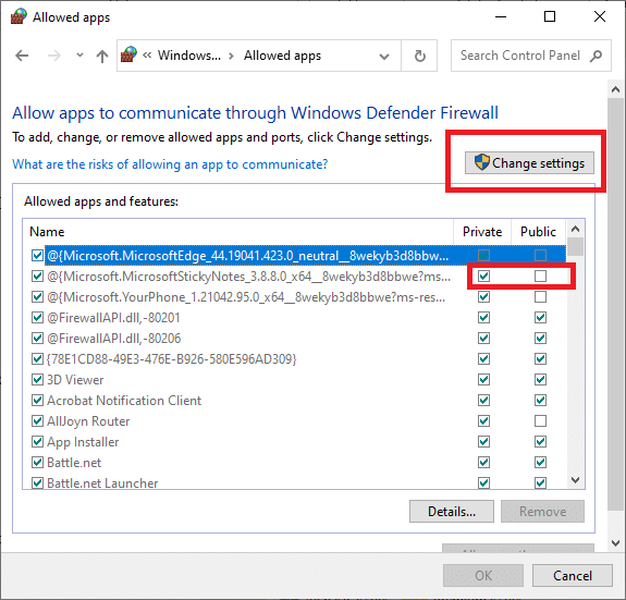 Click the Change settings button and tick both the Private and Public choices for ESO. 