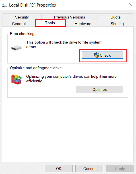 Click the Check button under Tools tab. Fix The Request Failed Due to a Fatal Device Hardware Error