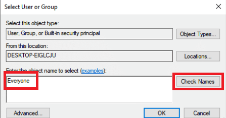 คลิกปุ่มตรวจสอบชื่อ แก้ไขการตั้งค่าผู้ใช้เป็นไดรเวอร์ล้มเหลวใน Windows 10