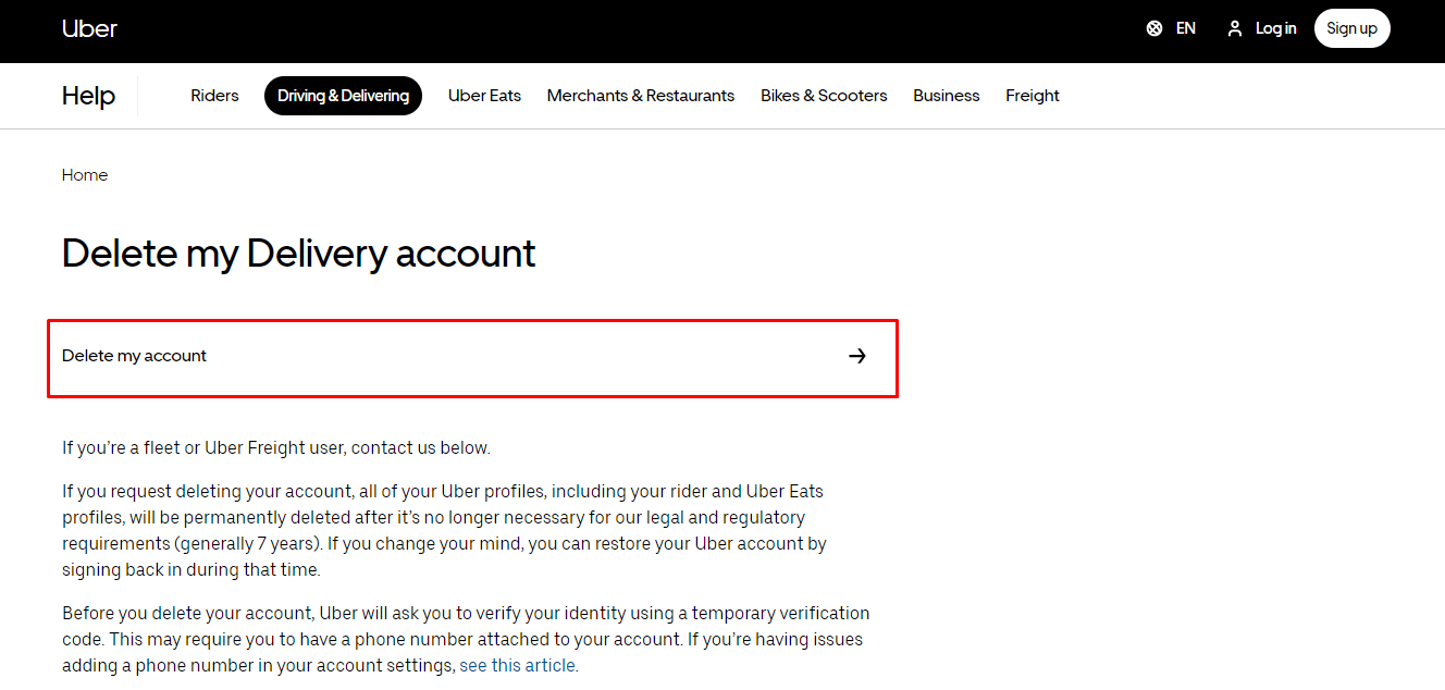 Click the Delete my account option under the Delete my Delivery account menu. 