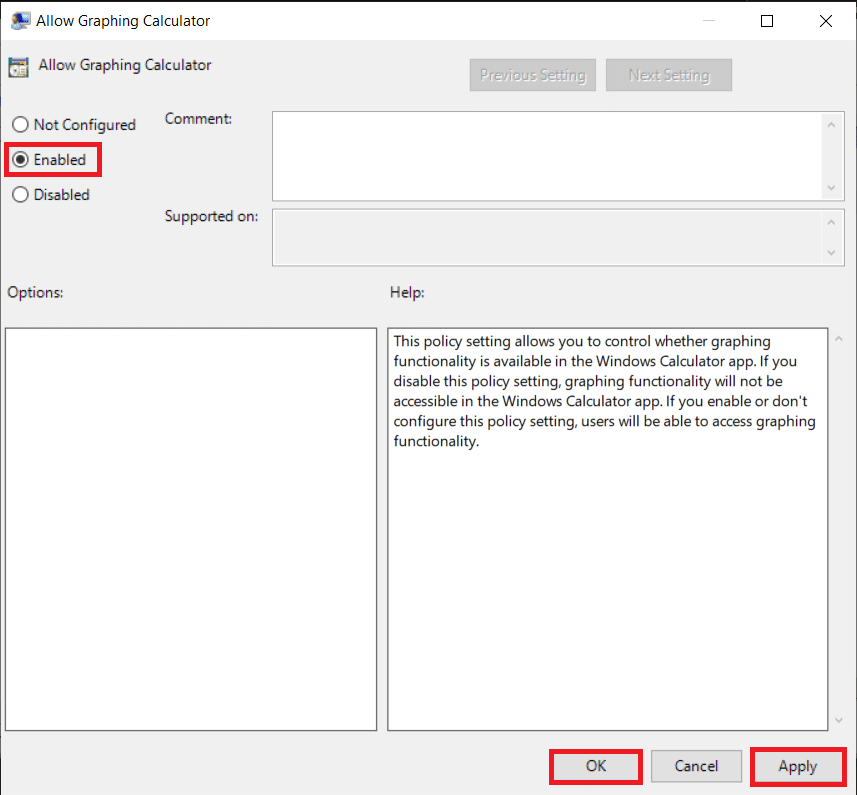 Kliknite izbirni gumb Omogočeno in nato kliknite Uporabi, da shranite spremembe. Kako omogočiti grafični način kalkulatorja v sistemu Windows 10