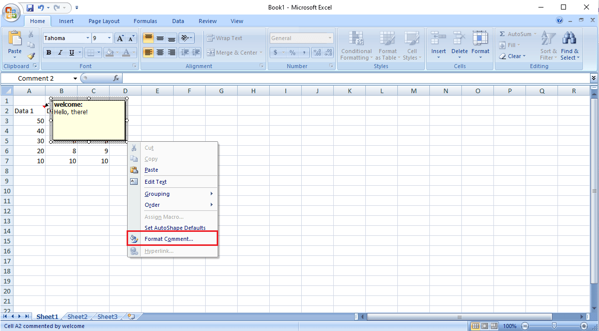 Click the Format comment option. how do you move cells in table on a worksheet
