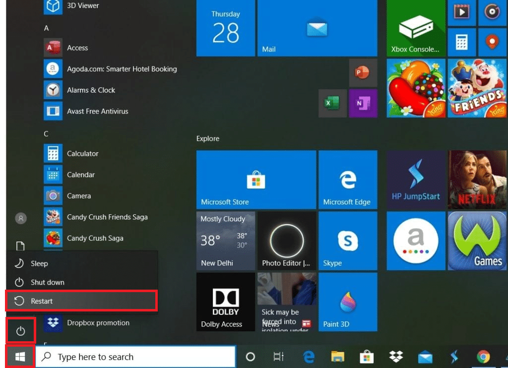 Click the start menu, power icon, and Restart option