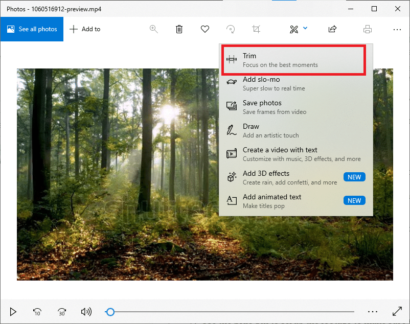 Click the Trim option. How to Trim Video in Windows 10