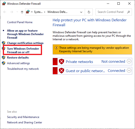 Click the Turn Windows Defender Firewall on or off button on the left side screen | Fixed: League of Legends Slow Download Problem