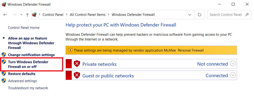 Click the Turn Windows Firewall on or off option 