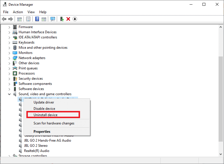 click the Uninstall device option | Fixed: Automatic Volume Adjustment/Volume goes Up and Down