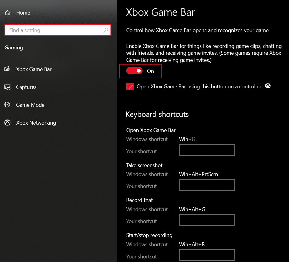 Fare clic per attivare/disattivare la barra di gioco Xbox
