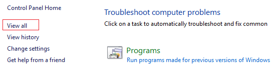 click view all in troubleshoot computer problems