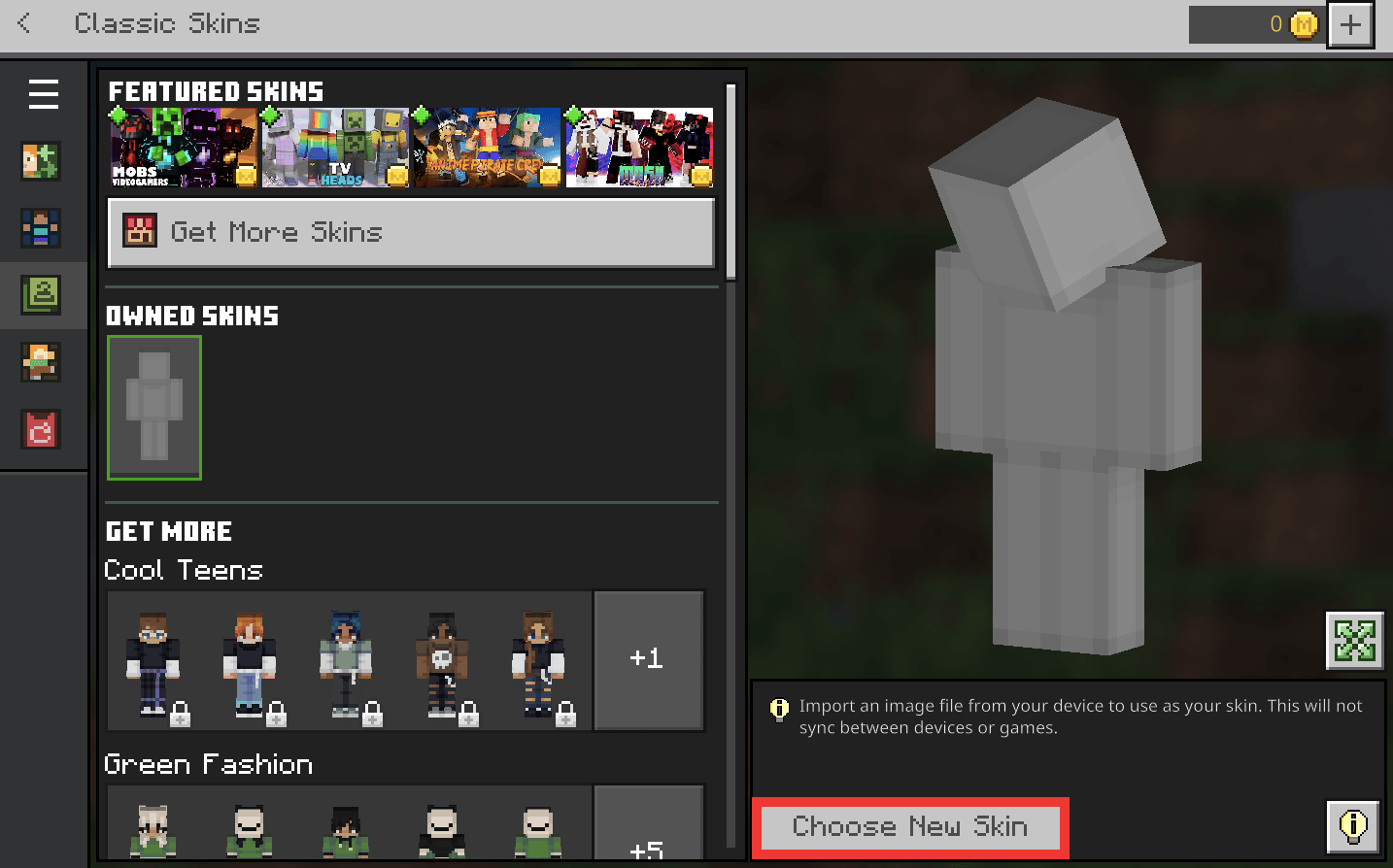 clicking on choose new skin option