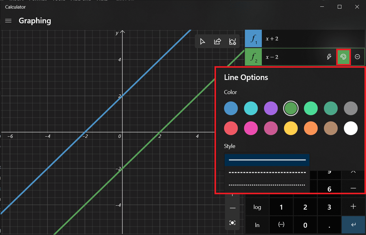 Clicking on the paint palette icon next to the lightning icon will let you change the style of the plotted line and the color.
