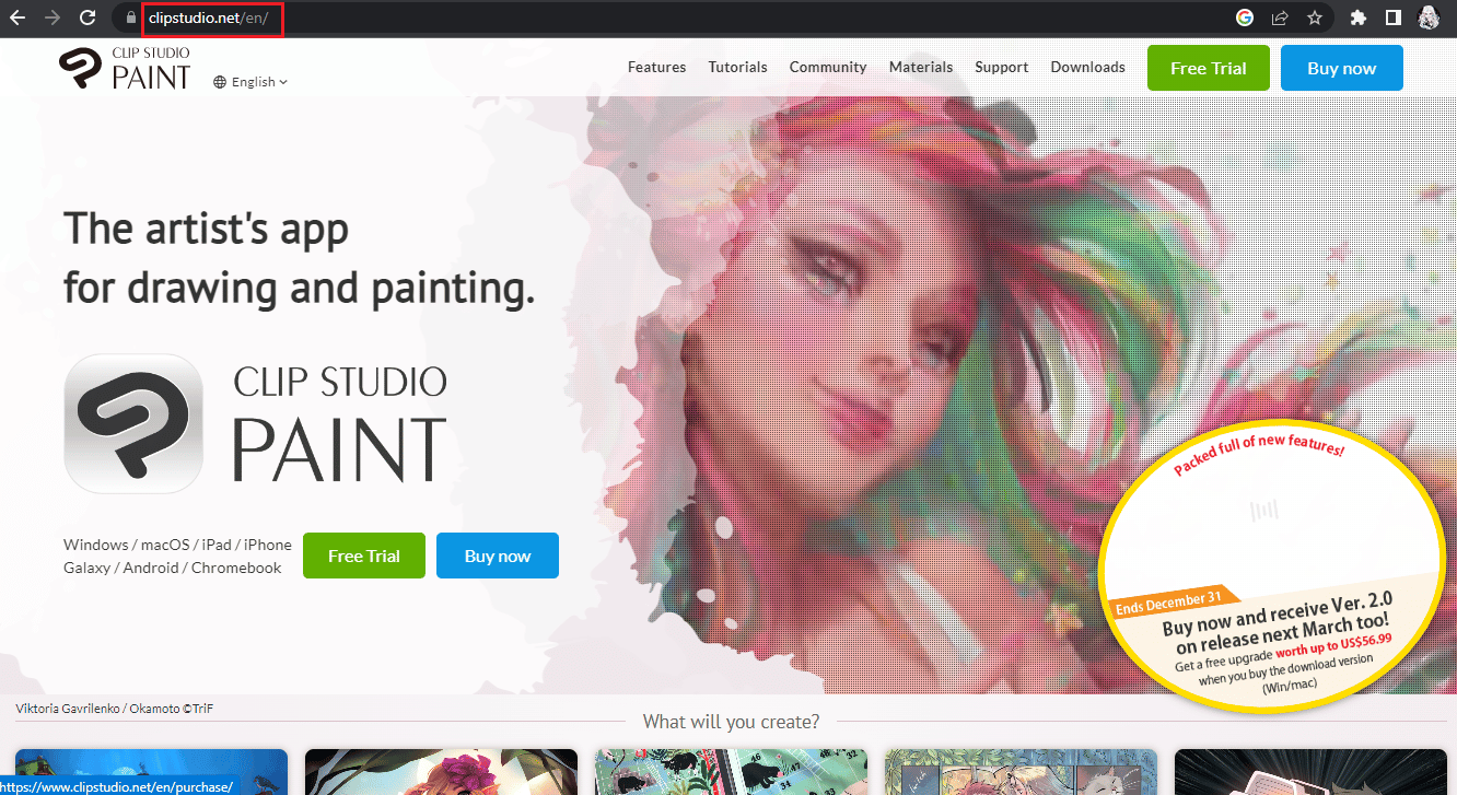 Página de inicio de Clip Studio Paint