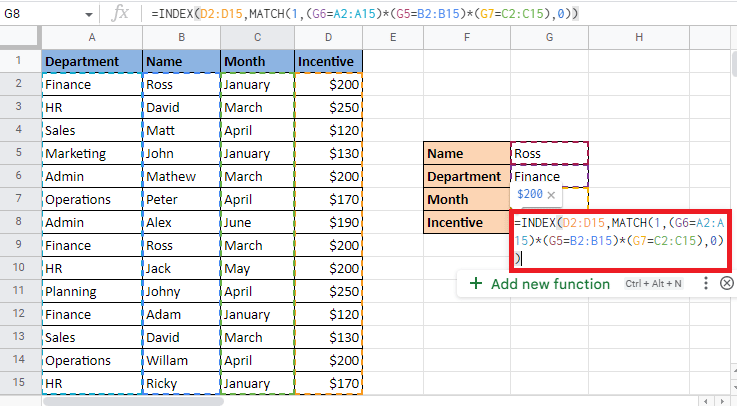 Close the bracket twice to complete the MATCH formula and the INDEX formula. How to INDEX MATCH Multiple Criteria in Google Sheets