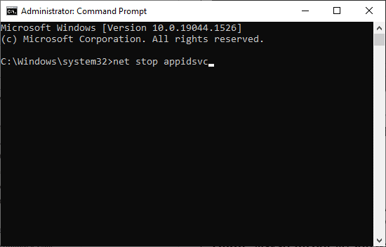 Command prompt with net stop appidsvc command. 