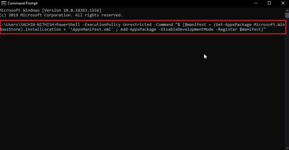 command prompt with windows store reregister command