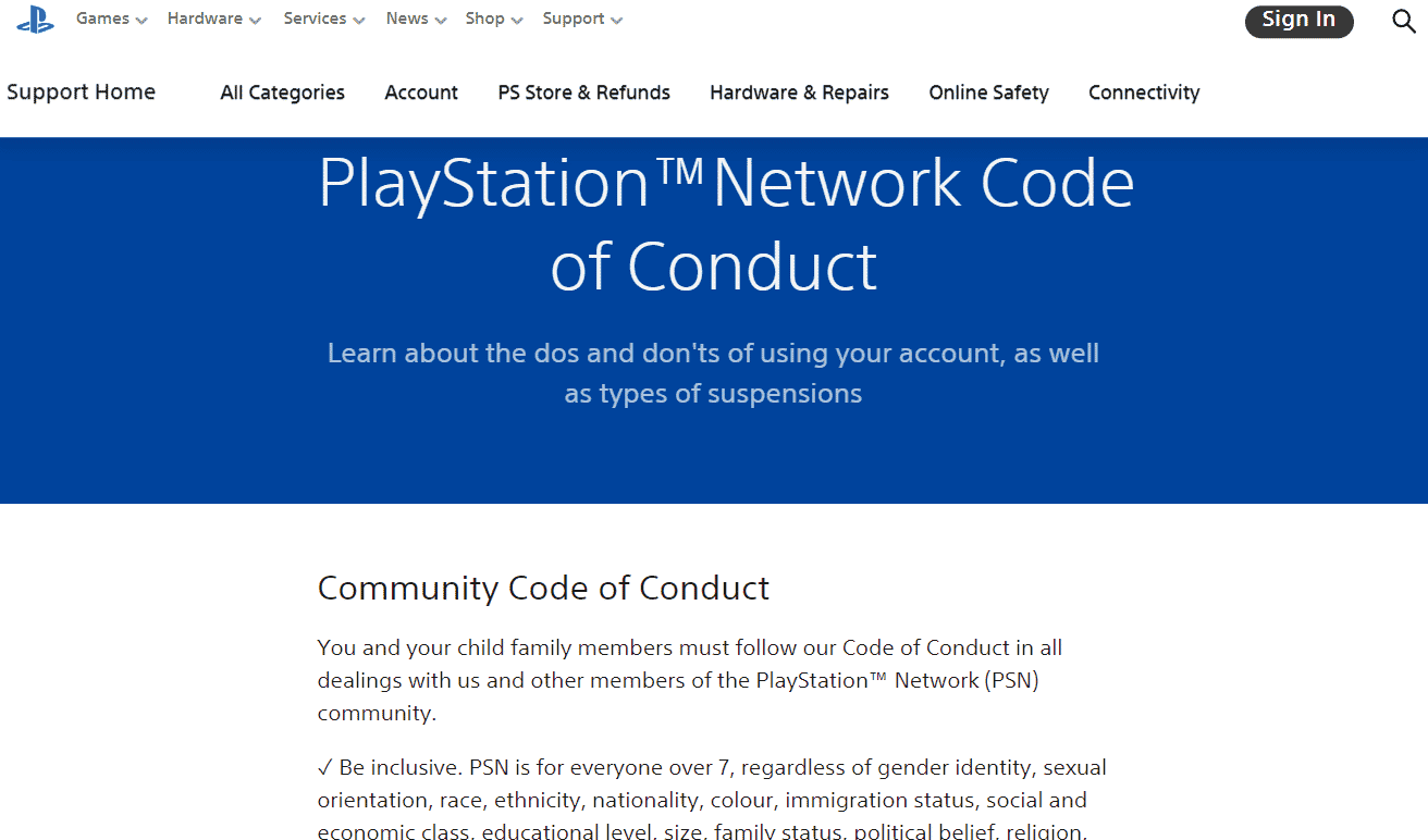 community code of conduct PlayStation