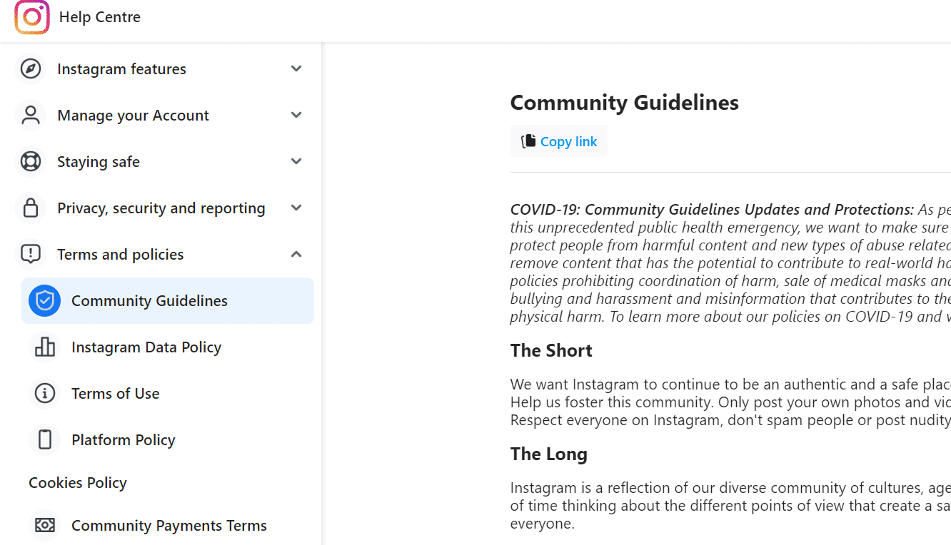 community guidelines of Instagram | Deleted Instagram Posts