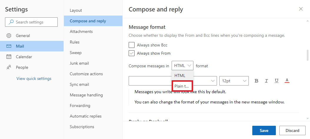 Stel een bericht op en selecteer Platte tekst. Fix Handtekeningknop werkt niet in Outlook